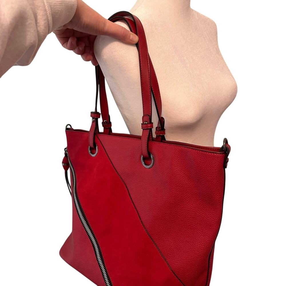 Large Red Pebbled Faux Leather Suede Tote Handbag Purse Shopping Bag Travel‎